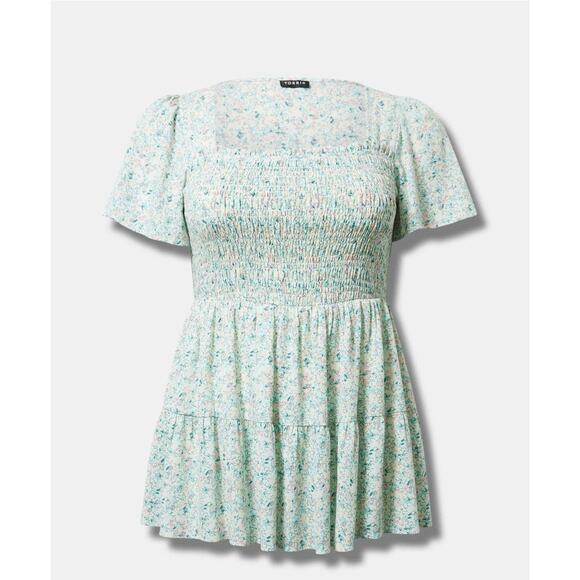 Torrid Babydoll Blouse Top Plus Size 3X Smocked Tiered Blue Pink Floral - Picture 1 of 5